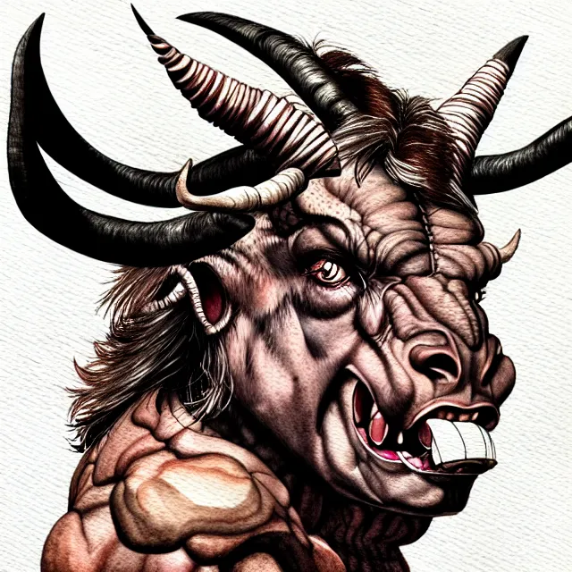 Prompt: portrait, mutant minotaur, watercolor, dramatic lighting, extremely high detail, pen and ink, intimidating, intricate line drawings, artstation, deviantart, WLOP, Pixiv