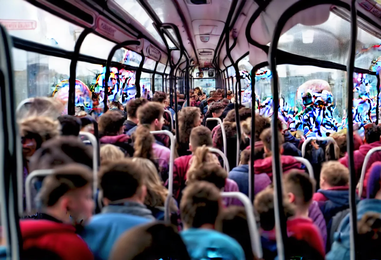 Image similar to a wide photo of a interior of a crowded bus with a huge octopus trying to get in, octopus beak can be seen, arms creeping in thrugh the windows, people are scared and screaming while trying to free through the windows and doors,