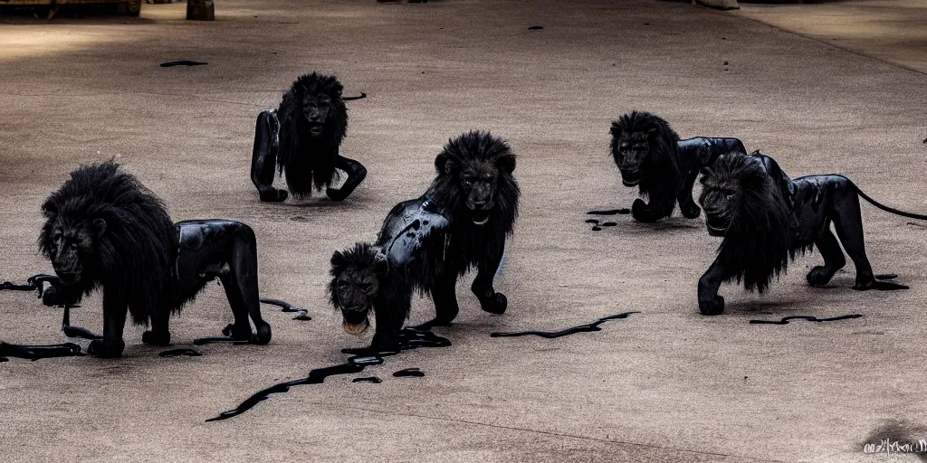 Image similar to the pack of smooth black lions, made of smooth black goo, in the zoo exhibit, viscous, sticky, full of black goo, covered with black goo, splattered black goo, dripping black goo, dripping goo, splattered goo, sticky black goo. photography, dslr, reflections, black goo, zoo, exhibit