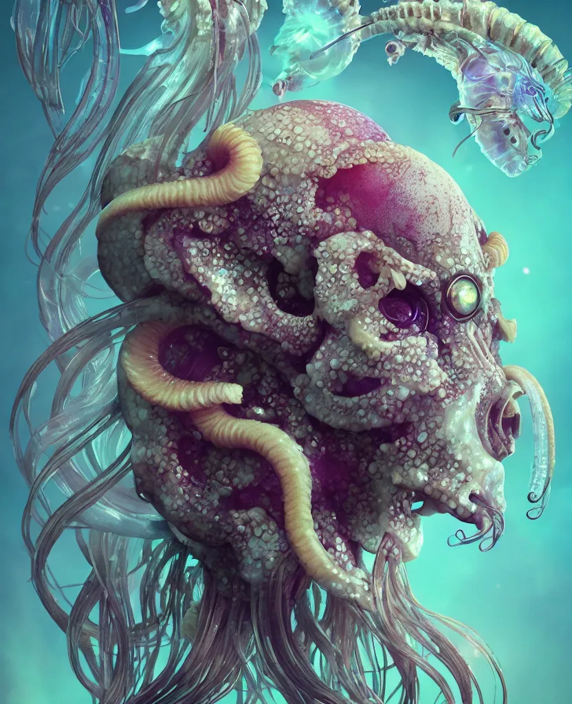 Image similar to goddess close-up portrait ram skull. eyes. jellyfish phoenix head, nautilus, orchid, skull, betta fish, bioluminiscent creatures, intricate artwork by Tooth Wu and wlop and beeple. octane render, trending on artstation, greg rutkowski very coherent symmetrical artwork. cinematic, hyper realism, high detail, octane render, 8k