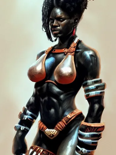 Prompt: painting of a black female zulu warrior, dynamic lighting, realistic, symmetrical, illustration,, in the style of, krenz cushart, artem demura