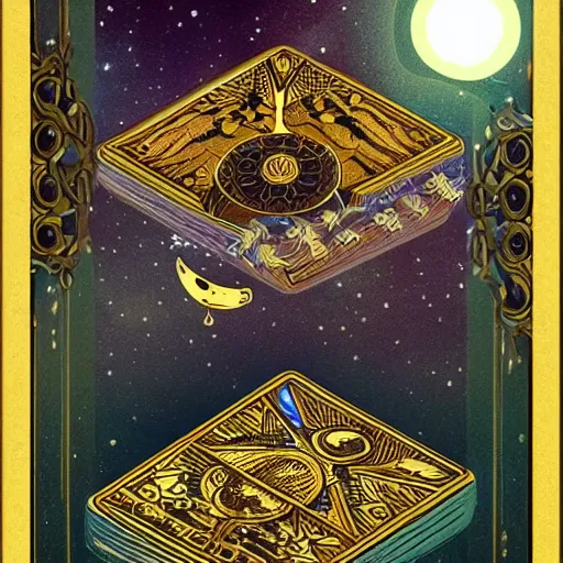 Prompt: moon in tarot card style, tarot deck, symetric, fantasy, behance, pinterest, deviantart, artstation, weapons concept art, design, golden ratio, intricate, elegant, highly detailed, digital painting, 4 k