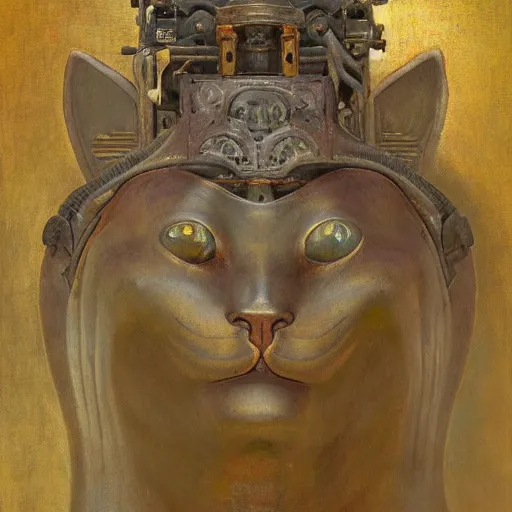 Prompt: masterpiece painting of an ancient bronze sculpture of a mechanical cat head, by annie swynnerton and diego rivera and nicholas roerich and jean delville and charlie bowater, symbolist, dramatic lighting, god rays, elaborate geometric ornament, art brut, rich colors, smooth sharp focus, extremely detailed, adolf wolfli