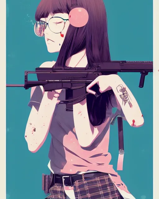 Image similar to girl holding rifle, manga!! detailed manga illustration!! intricate details, aesthetically pleasing pastel colors, poster background, aesthetic details, art by conrad roset and ilya kuvshinov