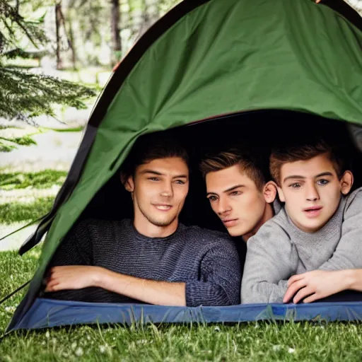 Prompt: two very handsome young men are cuddling in a tent