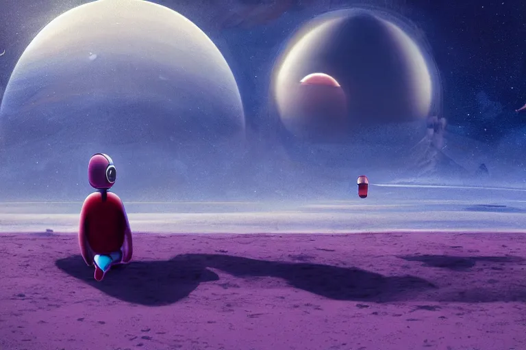 Image similar to gediminas pranckevicius astronaut sitting at the beach next to his spaceship on a pink, blue, purple alien planet watching the sunset, surreal photography, dark night, stars, planets, moon light,