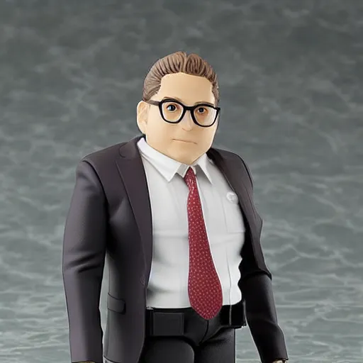 Image similar to Jonah Hill as a Figma anime figurine. Posable PVC action figurine.