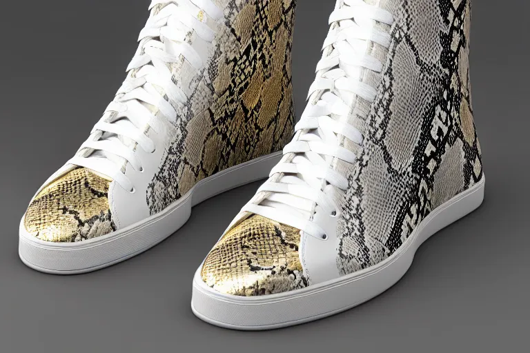 Prompt: single snakeskin hightop sneaker on a white surface, clean 3 d render, beautiful studio lighting, soft, sharp focus, intricate detail, gold filigree, art by iris van herpen