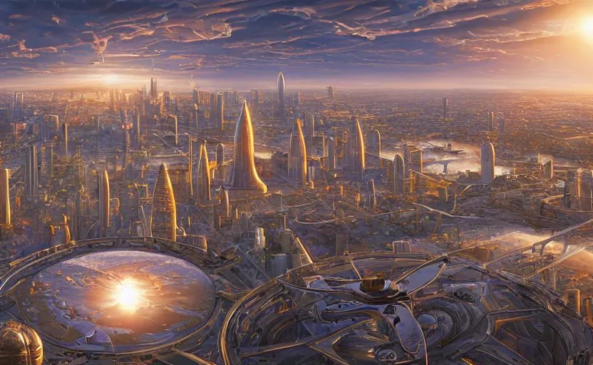 Image similar to hyperdetailed UFOs made of liquid chrome floating over a cityscape at golden hour, by vladimir kush, by jeff koons, 8k resolution, realistic shadows, rendered in octane, hyperdetailed, meticulous, intricate