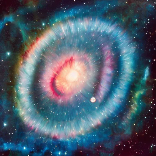 Prompt: magic realism by charles addams random. illustration. ngc 7 2 9 3 helix nebula in intrared by vista telescope, chile.