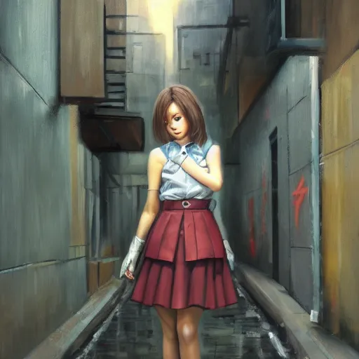 Image similar to a perfect, realistic professional 70s oil painting of a Japanese schoolgirl posing in a dystopian alleyway, style of Marvel, full length, by a professional American senior artist on ArtStation, a high-quality hollywood-style concept