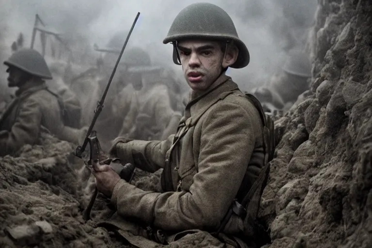 Image similar to jay baruchel as world war 1 soldier in the trenches, bullets whizzing past, cinematic lighting, high contrast, 4 k hdr imax cinematography by roger deakins, award winning shot, beautiful composition, principal photography, vfx action shot
