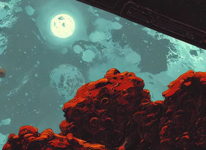 Prompt: view of an alien planet from the window of a space station, art by laurie greasley and pepe larraz, cinematic shot, oil painting by eren arik, extremely detailed, brush hard, artstation, for aaa game, high quality, brush stroke