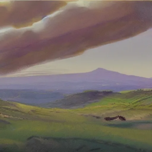 Image similar to concept art : an italian landscape in bright daylight. soft rolling hills in the foreground. in the distance a small mesa of white marble can be seen. a stone henge is standig atop the mesa