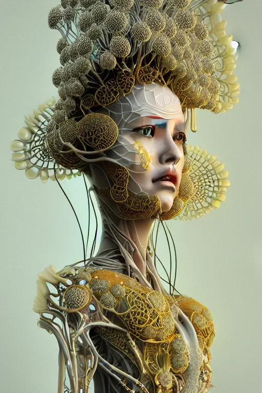 Image similar to complex intricate hyper detailed ultra sharp 3 d render of a beautiful porcelain biomechanical woman medium shot portrait, floodlight, large pore fractal fungi embroidered, cyberpunk art nouveau, haute couture alexander mcqueen leaves stems dahlia transparent fractal crystalline dandelion yellow pistil filigree roots, intricate details, octane render, volumetric cinematic lighting, 8 k,