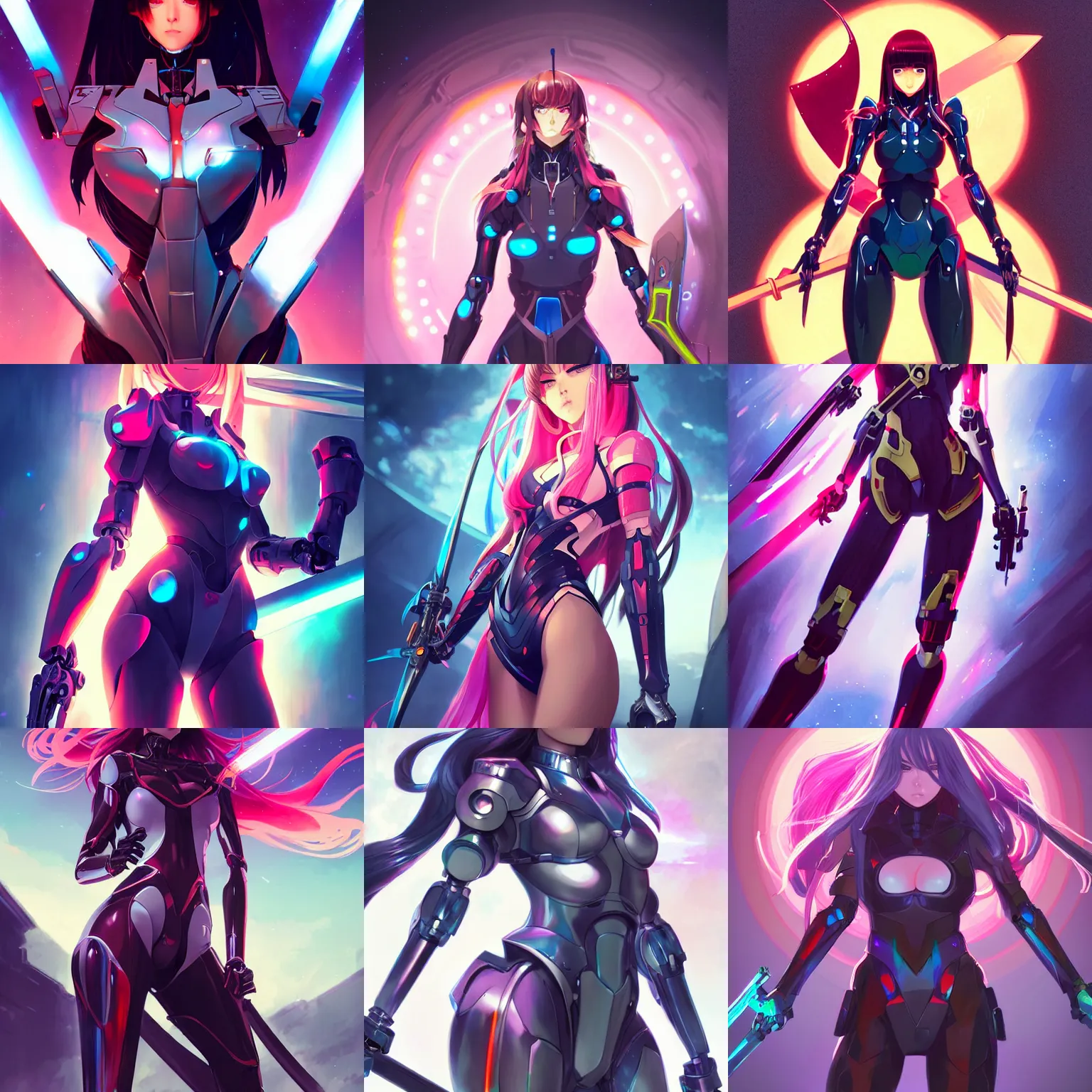 Prompt: poster art of woman in full mecha body suit holding a sword, long straight hair, colourful, pretty face, disgusted expression, glowing eyes, anime style by rossdraws, artgerm and greg rutkowski, 4 k, graphic design, adobe illustrator, behance, trending on pixiv
