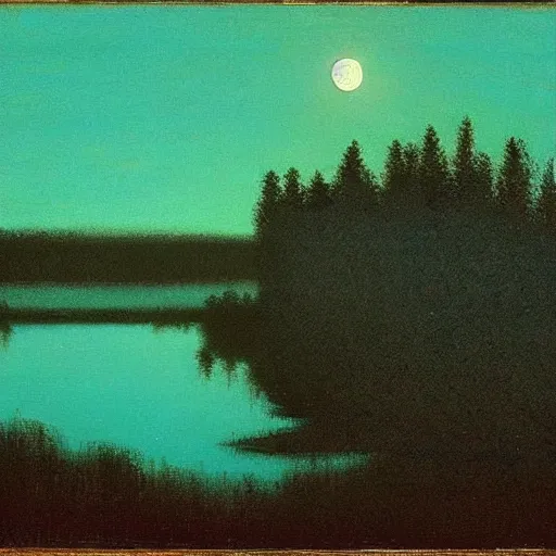 Image similar to moon light reflecting off of a winding river, arkhip kuindzhi painting, teal palette