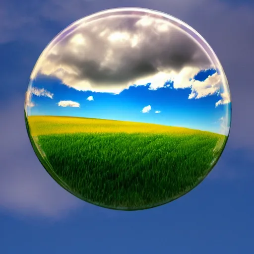 Image similar to A photograph of the Windows XP Bliss wallpaper inside of a giant floating soap bubble, floating in a blue and cloudy sky.