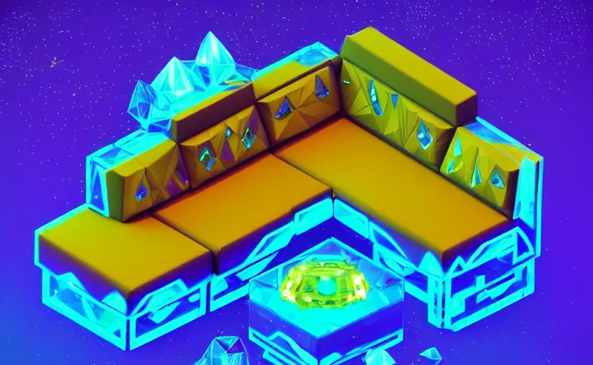 Image similar to isometric low poly isometric crystal plant sofa with alien aesthetic inspired by pandora in the avatar movie, it has bioluminescent plants growing on top of it, beautiful neon orange - yellow with blue hints and it's bedecked with some sparkling crystals all over the place. black background, night isometric artstation neon. behance, pinterest