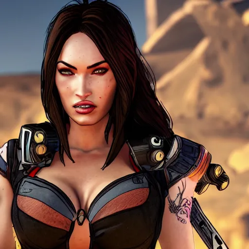 Image similar to megan fox portrait, borderlands, tales from the borderlands cinematic lighting, studio quality, 8 k