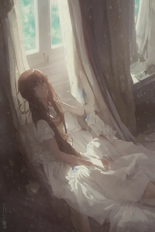 Image similar to a girl in a maid's outfit in the bedroom a night, raining outside the window, wavy white long hair, by krenz cushart and mucha and akihito yoshida and greg rutkowski and makoto shinkai and rei _ 1 7, detailed eyes, 4 k resolution