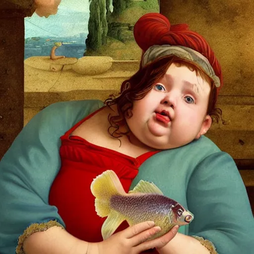 Image similar to a stylize oil painting in renaissance style of a very sweet little fat girl kissing a huge colorful cute fish. red mouth, blue eyes. flowery dress. hyper realistic scene. 3 d, octane render, deep focus, white scene. very funny and sweet image. unreal engine. watercolor. fellini style. poster quality. da vinci painting style. pencil illustration.