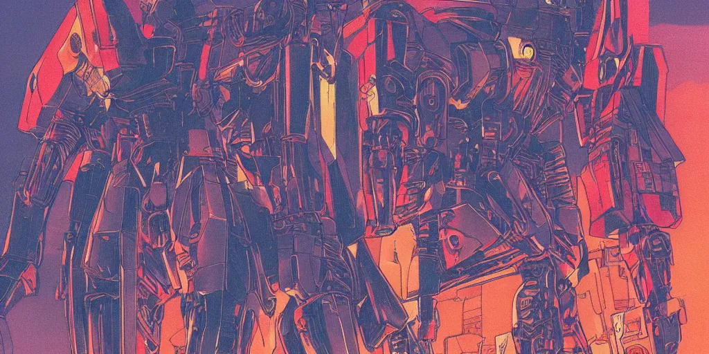 Prompt: a close - up grainy risograph of cyberpunk evangelion like giant mechas, transparent details, red swords, blue hour, by moebius and lehr paul