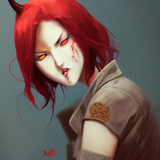 Image similar to a pale redheaded demoness with yellow eyes and horns wearing a jacket, highly detailed, digital painting, artstation, matte, by makoto shinkai, animation style