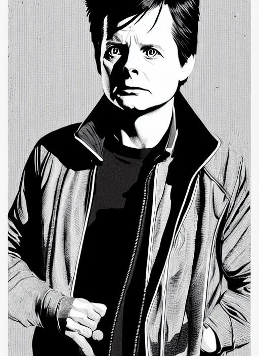 Prompt: michael j. fox as marty mcfly, extremely detailed, bold line art, by vincent di fate and joe fenton and artgerm, inking, etching, screen print, masterpiece, trending on artstation, sharp, high contrast, hyper realistic, hd, 4 k, 8 k