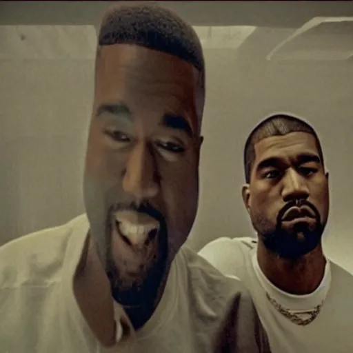 Prompt: bad quality picture of a leaked Kanye West and Kid Cudi music video