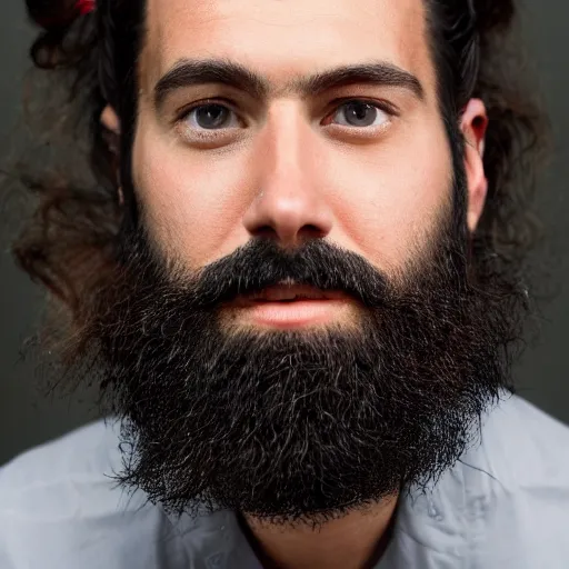 Image similar to portrait of a man in his 30s with a long black beard and black hair pulled back into a pony tail, medium plump nose, blue eyes, tan complexion, visible gauges in both ears.