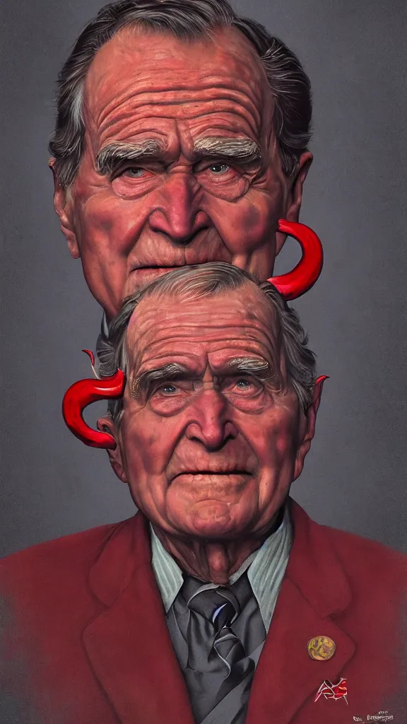 Image similar to demonic george hw bush with red horns, painting in the style of norman rockwell, 1 9 5 0 s, evil, satan, devil, demonic, demon, hyperrealistic, photorealistic, award - winning, 4 k, ultra hd, artstation, intricate, highly detailed, american, usa, dark, gritty