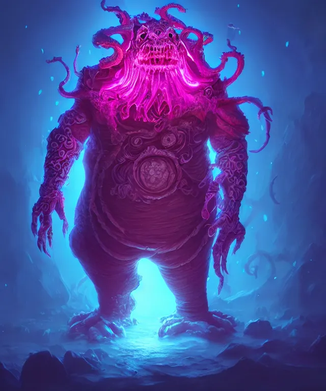 Image similar to a xanathar made of bioluminescence slimy skin, fantasy, elegant, crisp 8 k line art, digital painting, artstation, unreal engine, octane render, emissive lighting, concept art, matte, sharp focus, hyper realistic lighting, illustration, deep royal blue and pink color scheme, art bywes benscoter