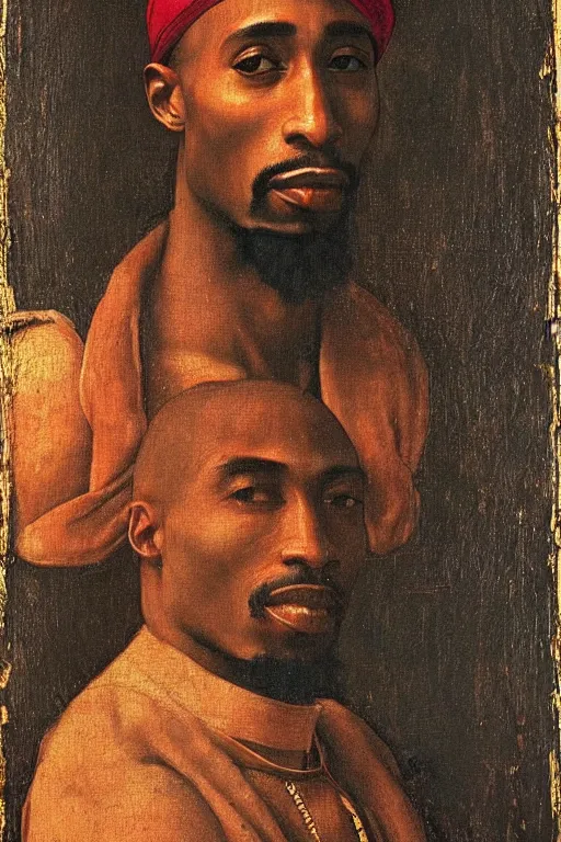 Image similar to A Renaissance portrait painting of Tupac Shakur by Giovanni Bellini and Leonardo da Vinci