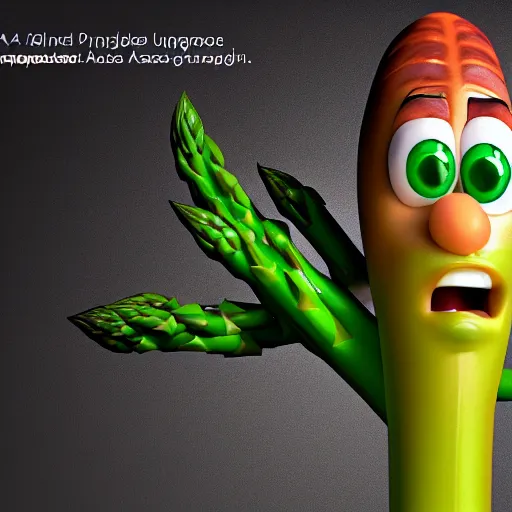 Image similar to a 3 d portrait of a handsome asparagus character from the movie sausage party. cinema 4 d, maxon one, ue 5, very high aperture, subsurface scattering, volumetric lighting, perfect lighting, focus on face.