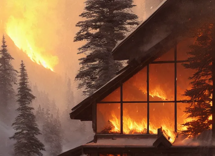 Image similar to mountain chalet covered in fire, smoke, sunrise, snow, sharp details, sharp focus, elegant, highly detailed, illustration, by Jordan Grimmer and greg rutkowski and PiNe(パイネ) and 薯子Imoko and 香川悠作 and wlop and maya takamura, intricate, beautiful, Trending artstation, pixiv, digital Art