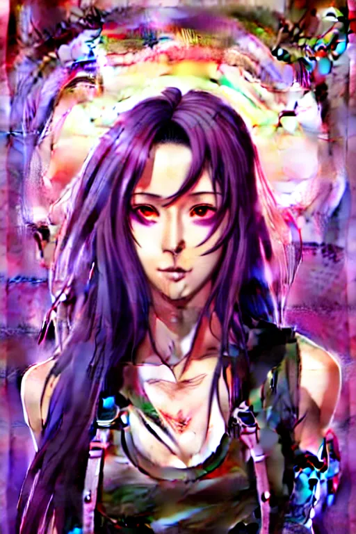 Image similar to a portrait of dilraba dilmurat as revy from black lagoon, smirk, black tank top, jean shorts, brown eyes, purple hair, tribal tattoo sleeve right arm, symmetrical eyes, symmetrical face, art by lois van baarle and loish and ross tran and rossdraws and sam yang and artgerm