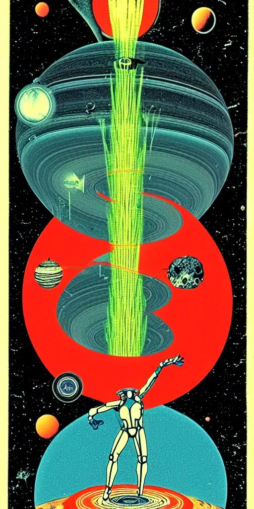 Image similar to 1968 science fiction tarot card, cut out collage, neon Roman, spring on Saturn, epic theater, deep sea, mountain plants, drawings in part by moebius, part by Ernst Haekl, text by William S Boroughs