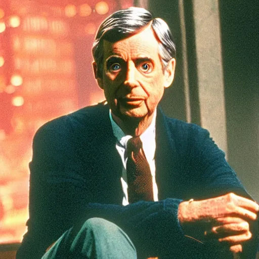 Prompt: still image from blade runner of mister rogers