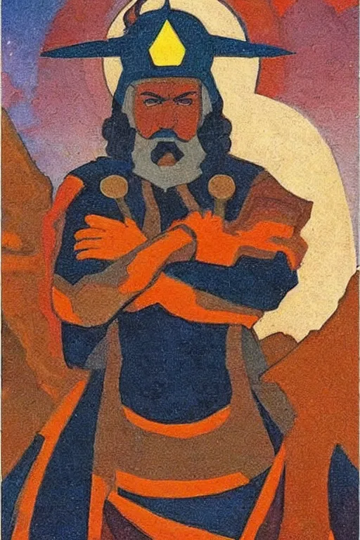 Image similar to thor, marvel, artwork by nicholas roerich,