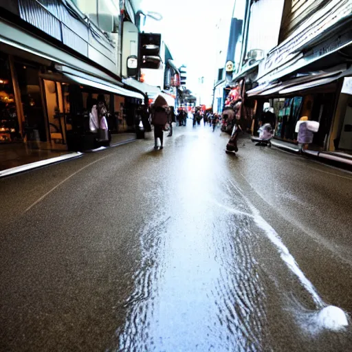 Image similar to an chocolate liquid melting from sky and flooding the street of tokyo