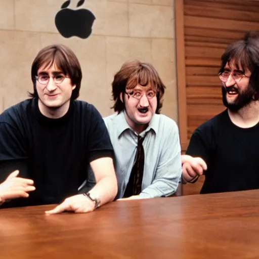 Image similar to steve jobs, harry potter, john lennon, and gabe newell meeting each other, photograph