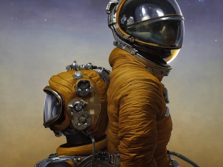 Image similar to a detailed profile oil painting of an explorer in a spacesuit with reflective helmet, flight suit, portrait symmetrical and science fiction theme with aurora lighting by beksinski carl spitzweg and tuomas korpi. baroque elements, full-length view. baroque element. intricate artwork by caravaggio. Trending on artstation. 8k