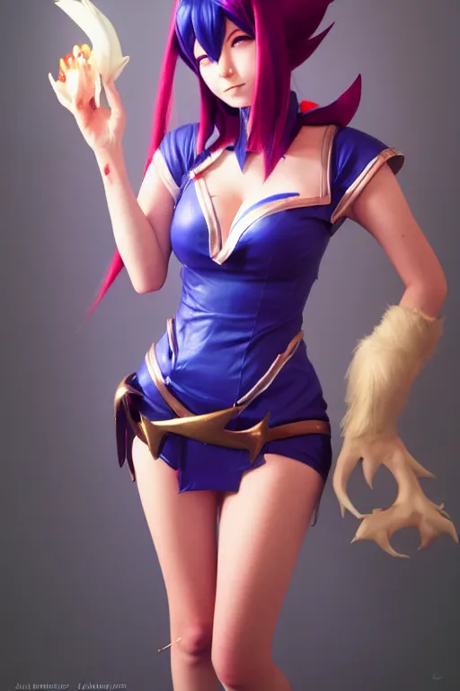 Prompt: ahri ( league of legends ) cosplay, anatomically correct, by ilya kuvshinov, greg rutkowski and makoto shinkai, trending on artstation