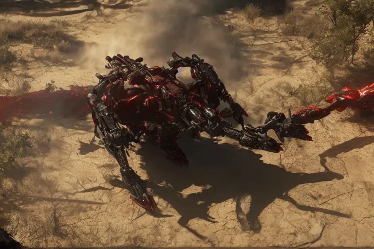 Image similar to a cinematic still from Westworld, red mech, armored core, octane render, nvidia raytracing demo, masterpiece