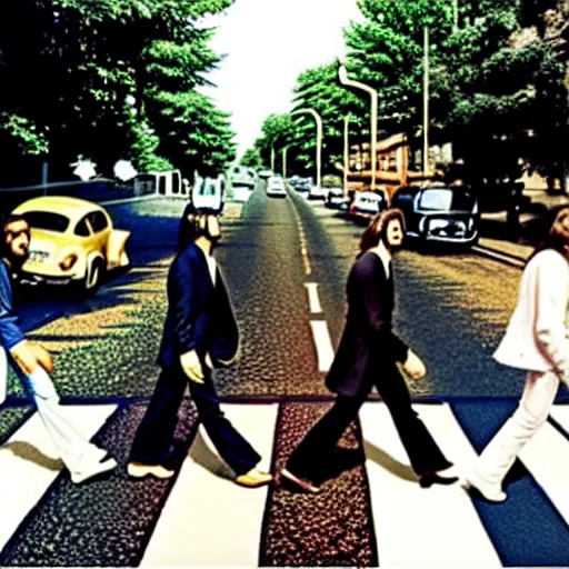 Prompt: the beatles fighting on abbey road