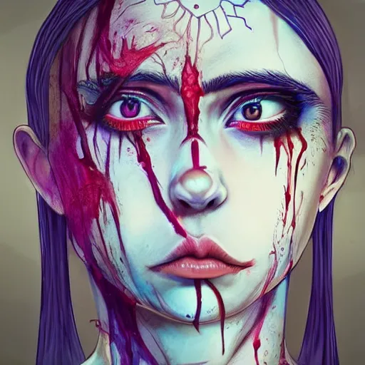 Image similar to 4K headshot of godlike Billie Eilish with defined arms and open hands and bloody clothes with giant mandala wings , intricate runny clown face make-up , flawless anime cel animation by Kentaro Miura, psychedelic , highly detailed upper body , professionally post-processed , beautiful, scary, symmetry accurate features, epic, octane rendered, anime masterpiece, accurate