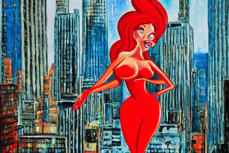 Image similar to Jessica Rabbit looking at the city. Cinematic. Intricately detailed acrylic painting