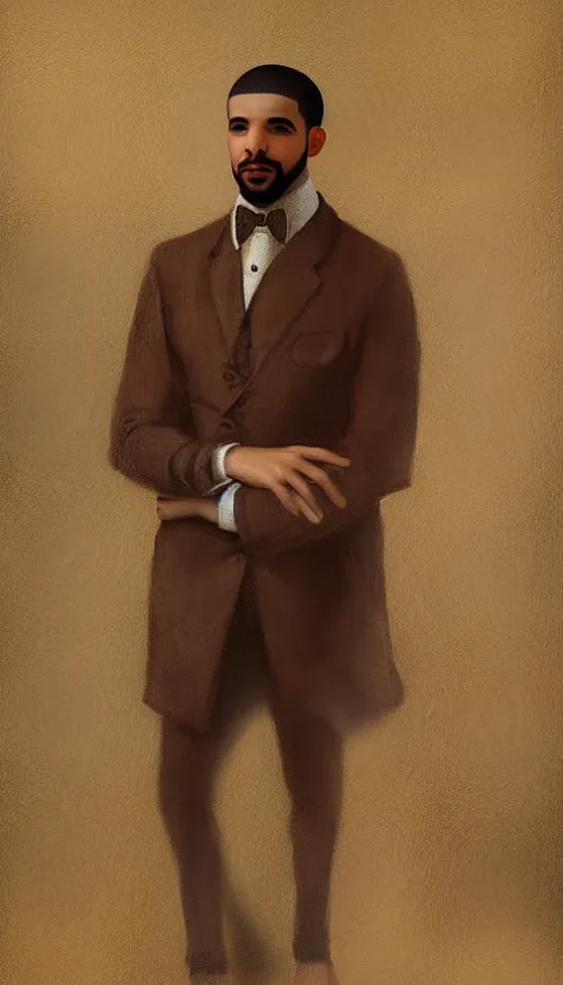 Prompt: drake wearing a formal suit and smoking by leonardo da vinci, brown skin, classical painting, digital painting, romantic, vivid color, oil painting