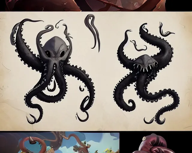 Image similar to sea of thieves concept art for a new large unreleased enemy type kraken anthropomorphic squid men humans, cgsociety, trending on artstation, rare ltd,